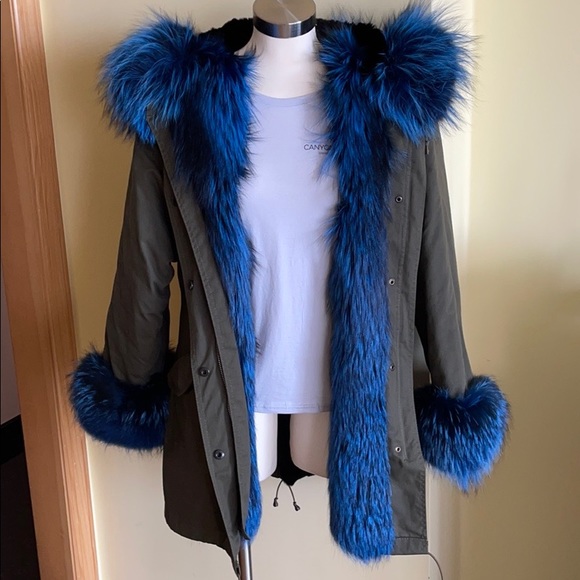 La Furia Luxury Parka with Real Blue Saga Fox Fur – Designer Coat M/L - Picture 1 of 5